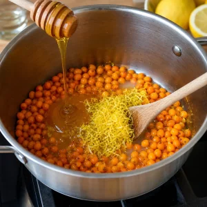 Sea buckthorn berries combined with honey and lemon zest in a pot.