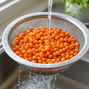 Sea buckthorn berries rinsing in a mesh sieve under cool water.