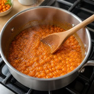 Sea buckthorn jam simmering and thickening in a heavy pot.