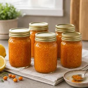Sealed jars of sea buckthorn jam cooling on a kitchen counter.