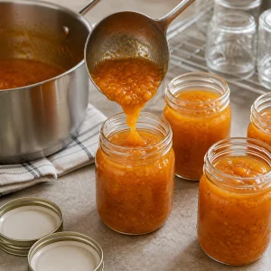Thick sea buckthorn jam ladled into sterilized glass jars.