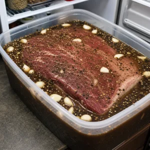 Beef brisket fully submerged in cold spiced brine for curing