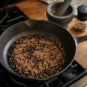 Black peppercorns coriander seeds and mustard seeds toasting in a dry skillet