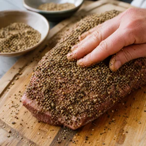 Cured brisket coated generously with coarse black pepper and coriander rub