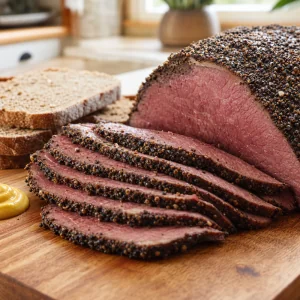 Finished homemade smoked beef pastrami sliced thin with a peppery crust