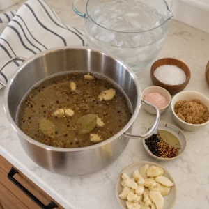 Pastrami brine simmering with kosher salt brown sugar pickling spices and garlic