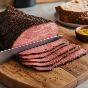 Rested smoked pastrami sliced very thin against the grain on a wooden board