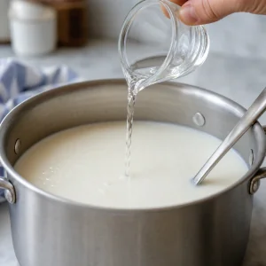 Diluted rennet being poured into cultured milk for feta curds