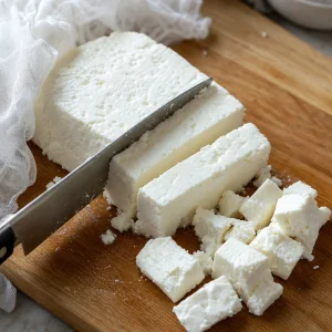 Firm homemade feta block being cut into thick slices and cubes