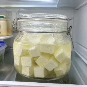 Jar of homemade feta aging in brine on a refrigerator shelf