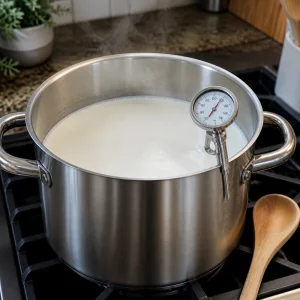 Milk warming in a stainless steel pot for homemade feta cheese