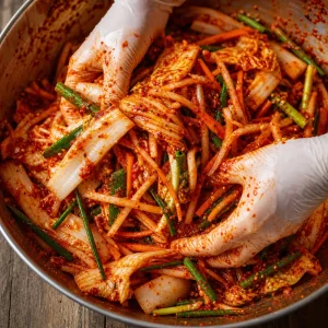 Cavolo, daikon, carota e cipollotti ricoperti di pasta kimchi