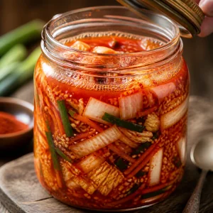 Barattolo di kimchi in fermentazione con salamoia rossa e bolle