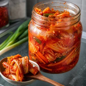 Kimchi maturo in barattolo con una cucchiaiata servita