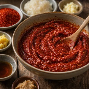 Pasta rossa densa di kimchi al gochugaru in una ciotola