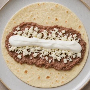Crumbled cheese and cream added over beans on a tortilla