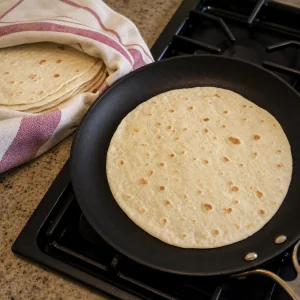 Flour tortilla warming in a dry skillet beside a towel stack