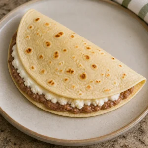 Folded baleada with beans, cheese, and cream visible at the edge
