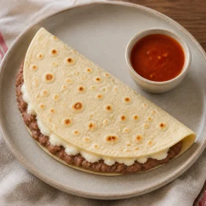 Warm folded baleada served with red hot sauce