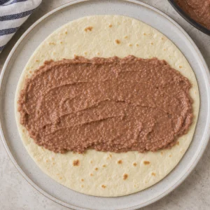 Warm refried beans spread across the center of a tortilla