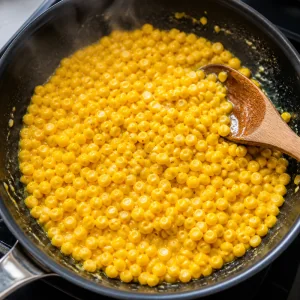 Glossy corn cooking in the skillet