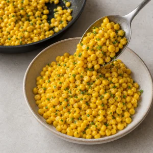 Honey butter corn spooned into a serving bowl
