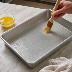 Butter brushed inside an empty baking pan.