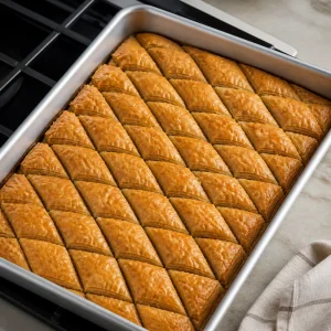Golden baked baklava in a rectangular pan.