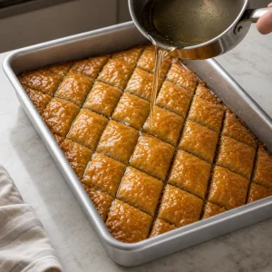 Honey syrup poured over hot baked baklava.