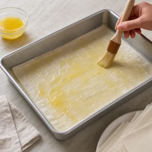 Melted butter brushed over phyllo in the pan.