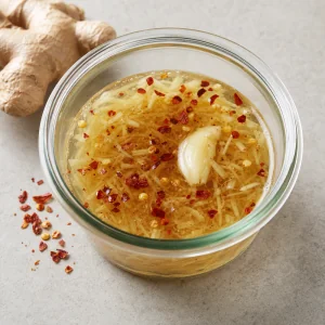 Grated ginger smashed garlic and red pepper flakes stirred into pickling liquid