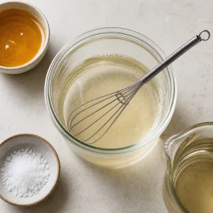 Rice vinegar water honey and sea salt whisked into clear pickling brine