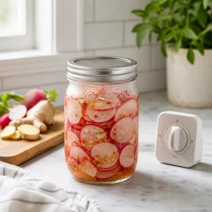 Sealed jar of honey ginger pickled radishes resting beside a kitchen timer