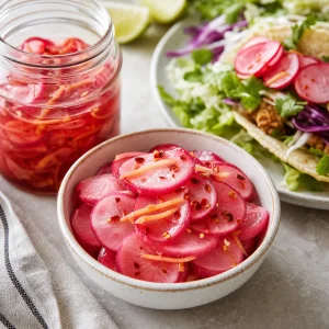 Served honey ginger pickled radishes with chili flakes in a small bowl