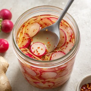Sliced radishes submerged in honey ginger chili marinade in a glass jar