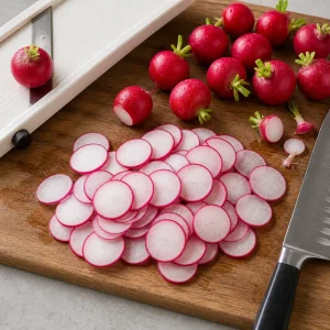 Washed radishes trimmed and sliced into thin rounds on a cutting board