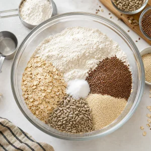 Brotmehl, Haferflocken, Sonnenblumenkerne, Leinsamen und Sesam in einer Rührschüssel