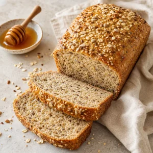 Finished honey kissed multigrain seeded bread loaf with oats and toasted seeds