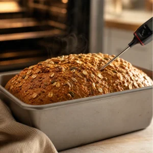 Goldbraun gebackenes Mehrkorn-Saatenbrot in der Form mit geröstetem Haferbelag