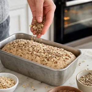 Gegangener Laib vor dem Backen mit Hafer, Sonnenblumenkernen, Leinsamen und Sesam bestreut