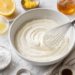 Krem mascarpone ubity z sokiem cytrynowym i cukrem pudrem.