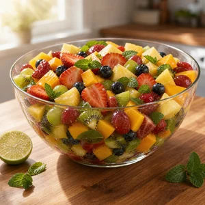 Gotowa salatka owocowa z miodem, limonka i swieza mieta