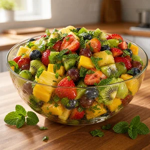 Swieza mieta posypana na salatce owocowej z miodem i limonka