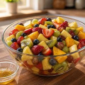 Salatka owocowa pokryta blyszczacym dressingiem miodowo-limonkowym