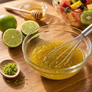 Dressing miodowo-limonkowy wymieszany ze skorka limonki