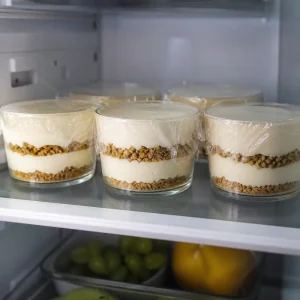 Covered layered cream cups chilling in the refrigerator