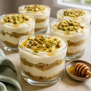 Cream cups topped with chopped pistachios and honey drizzle