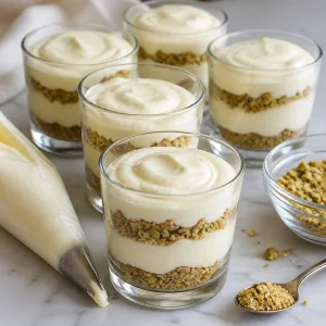 Cream layered over crumb bases in small dessert glasses