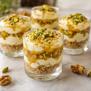 Finished honey pistachio cream cups with chopped pistachios and honey drizzle
