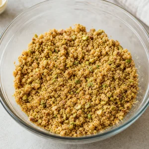 Moistened pistachio walnut cookie crumb mixture in a bowl